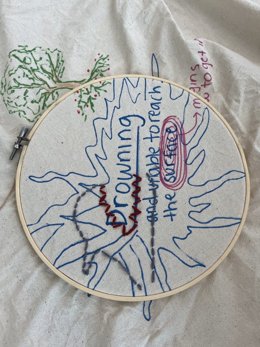 Embroidery hoop with the stitched words &lsquo;drowning and unable to reach the surface&rsquo;