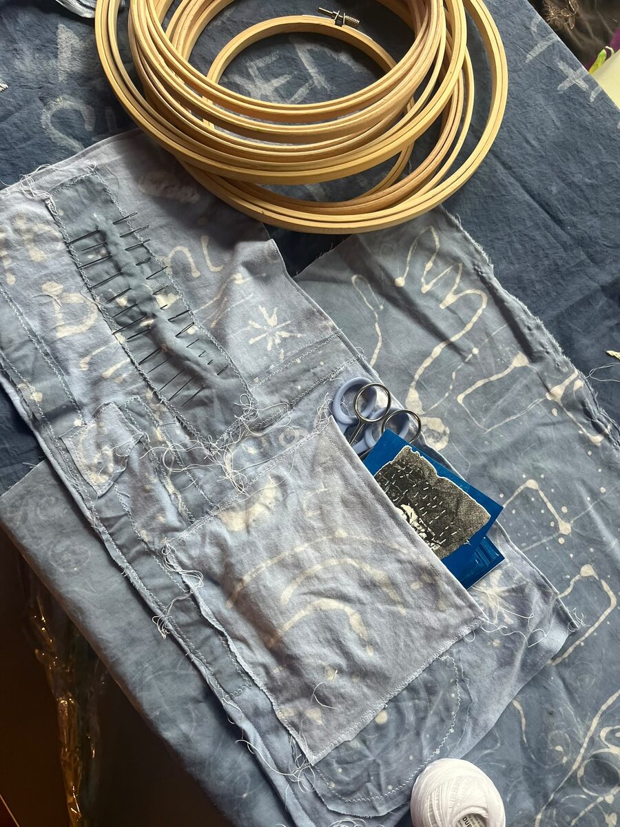 Dyed batik fabric with stitched pockets and embroidery hoops